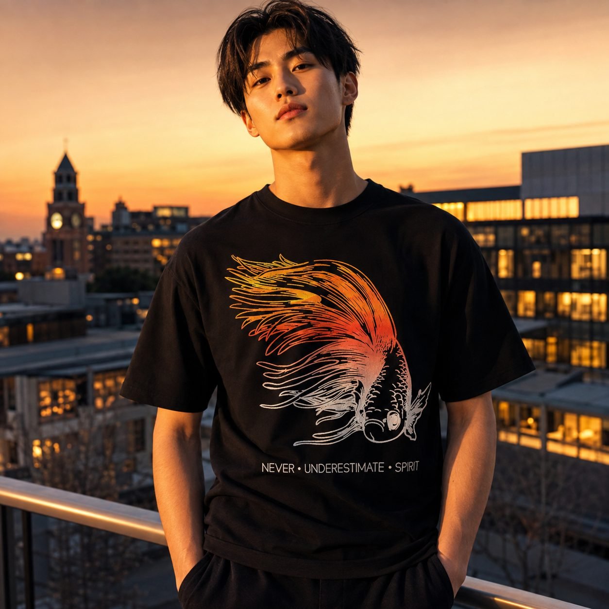 Man wearing Fire Spirit tee at golden hour on a rooftop
